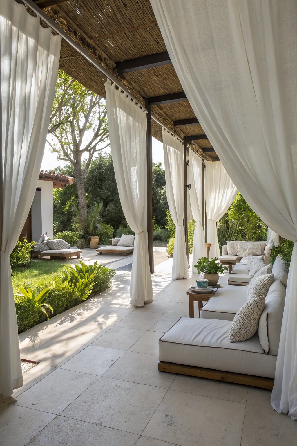 Modern outdoor room with full-height white curtains