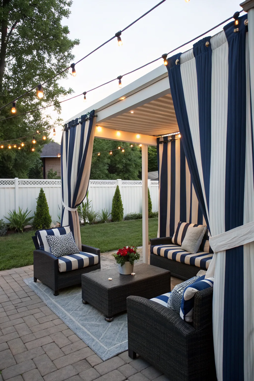 Striped outdoor curtains defining patio space