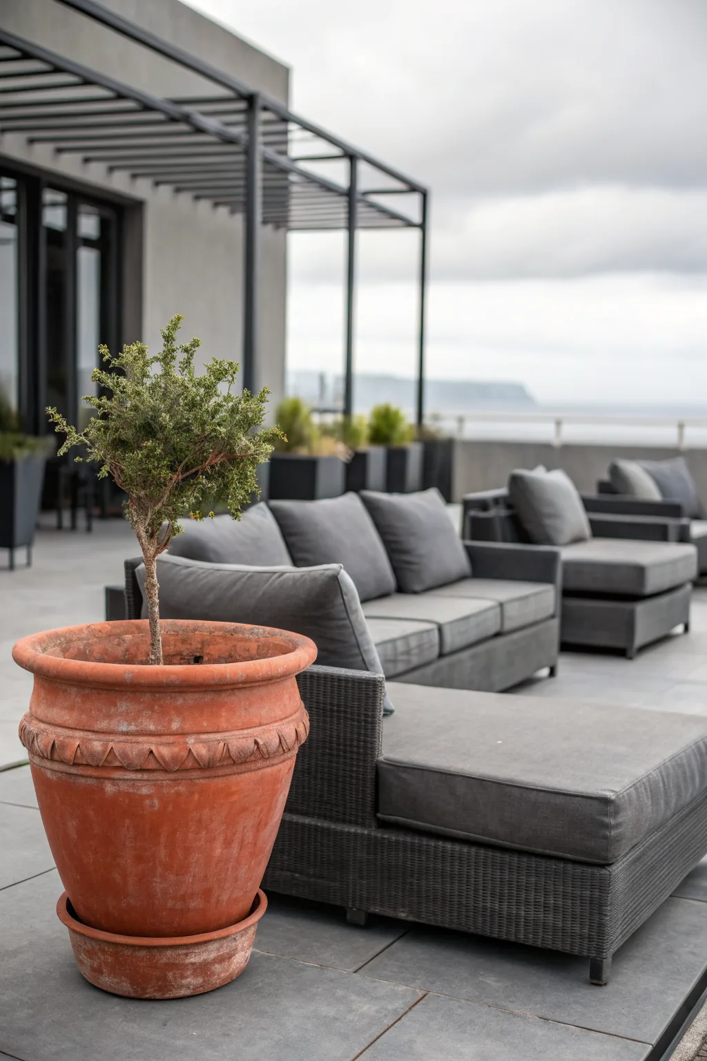 Monochrome gray patio with terracotta accent