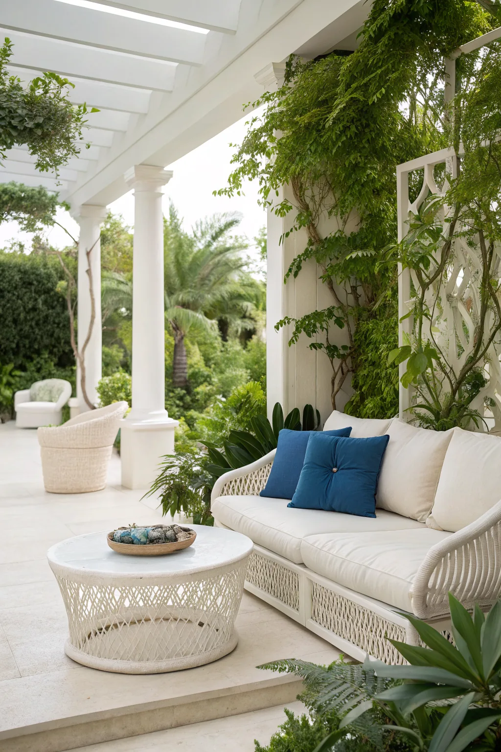 All-white patio with single cobalt blue accent
