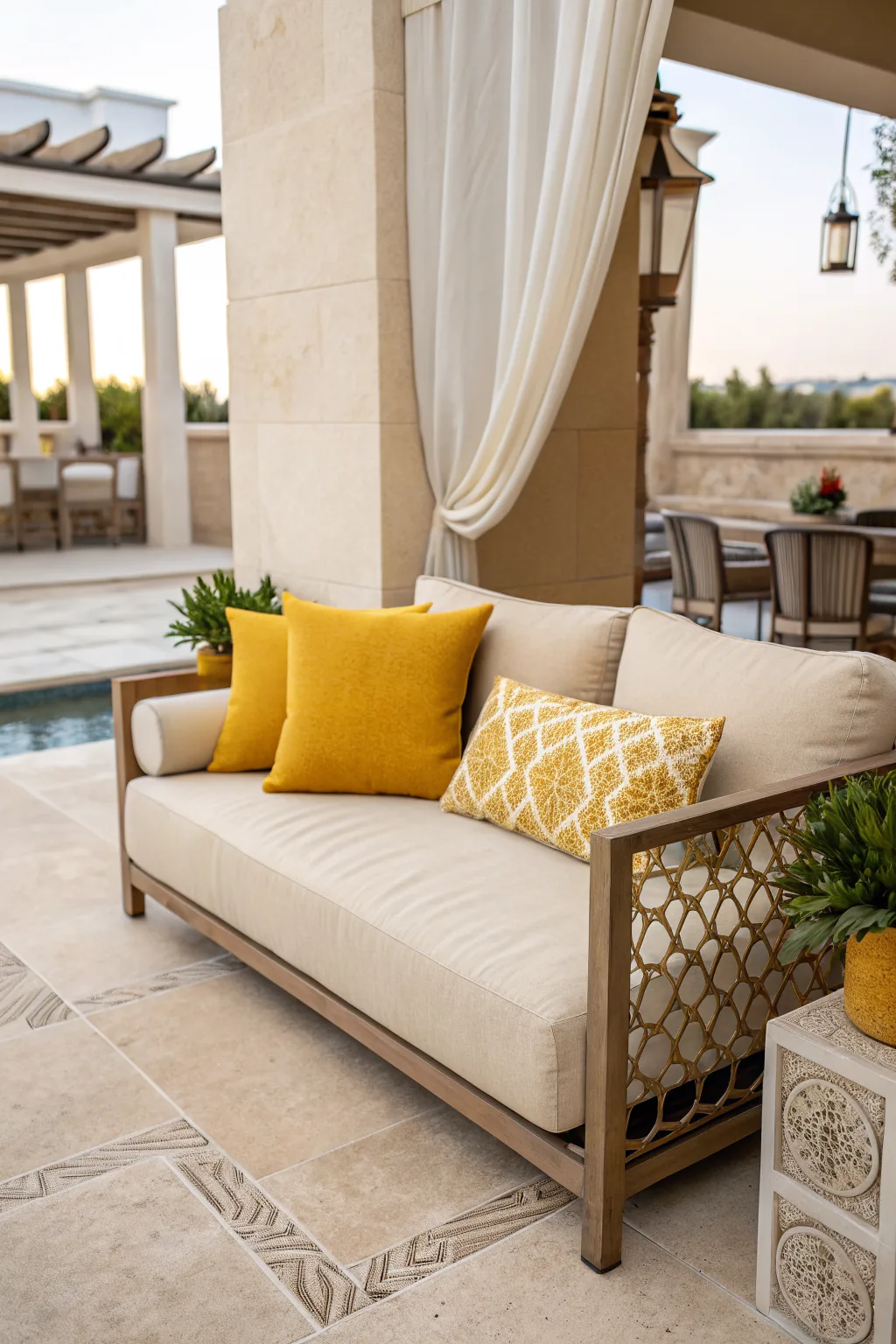 Beige palette patio with mustard yellow accent