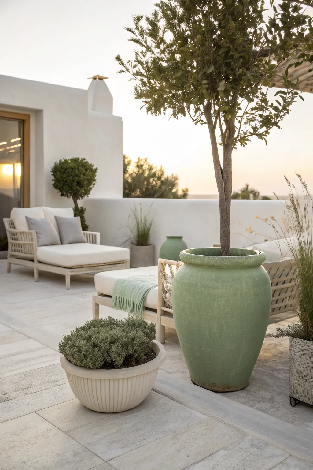 Minimalist cream patio with sage green accent