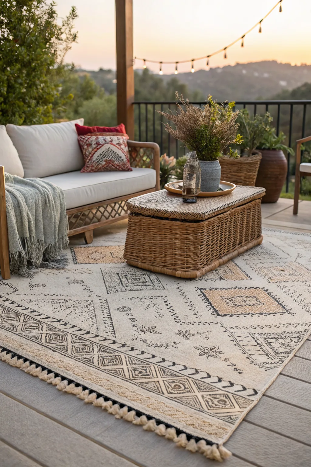 Layered outdoor rugs with neutral base and patterned top