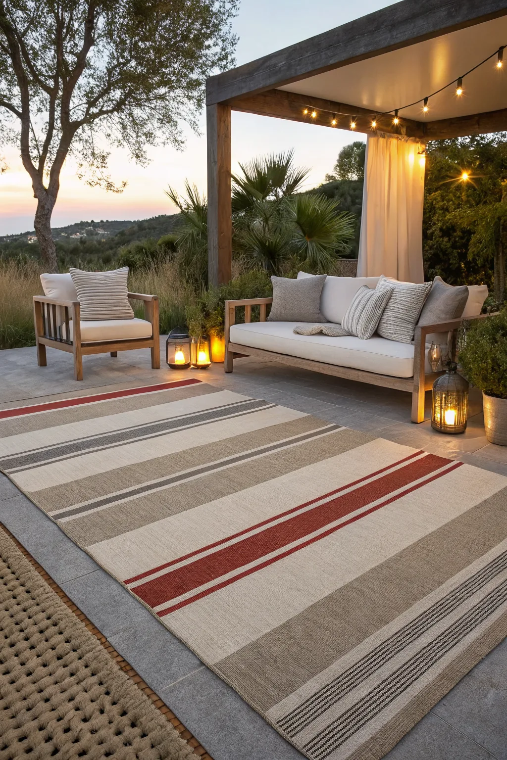 Two stacked outdoor rugs defining patio seating zone