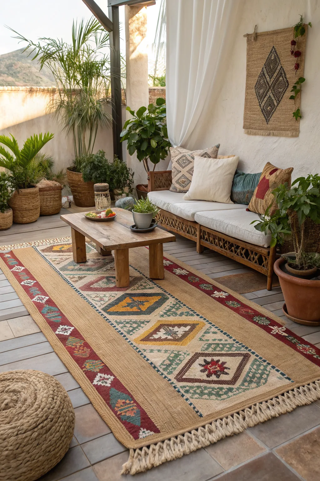Boho layered patio rugs with rattan furniture