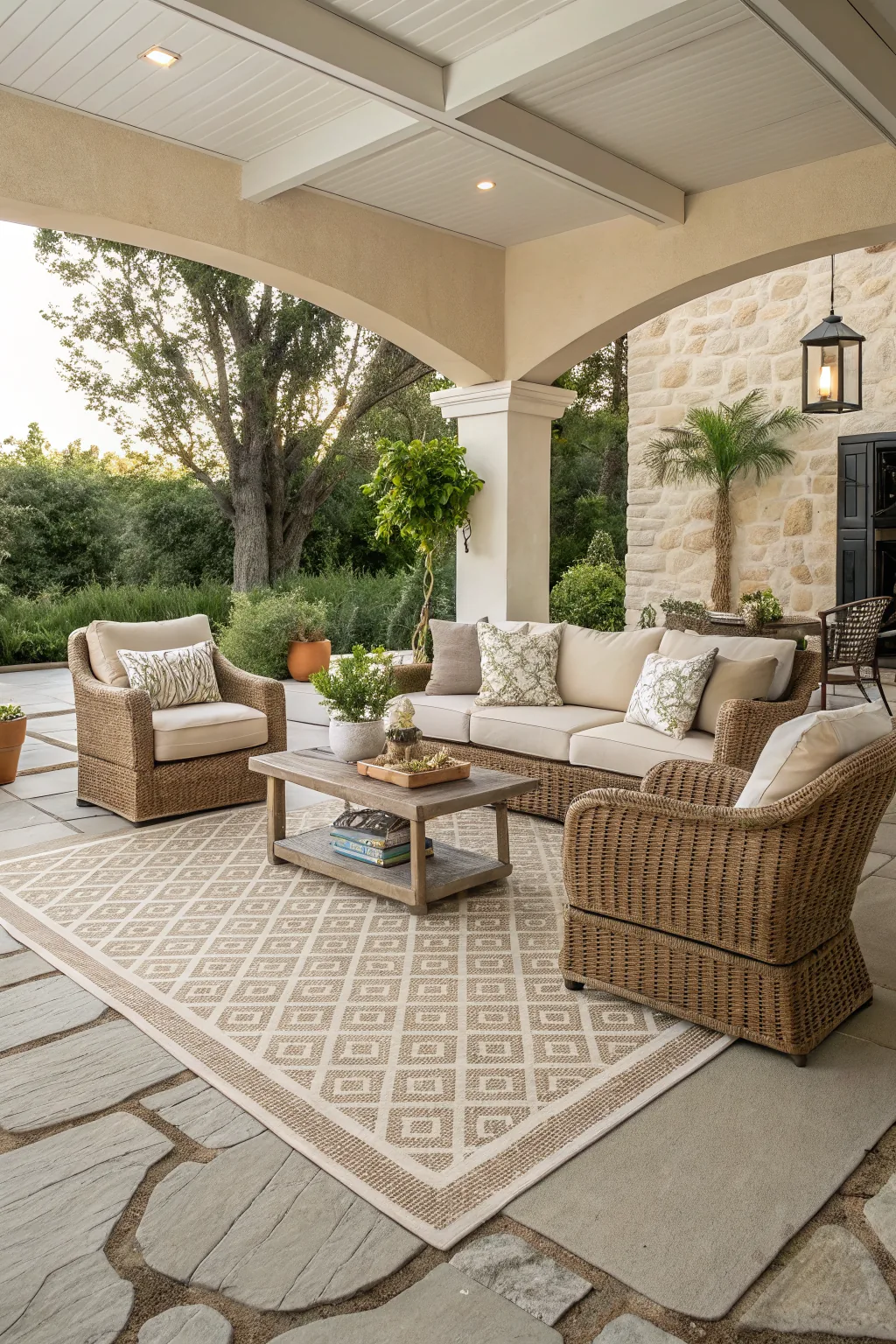 Earth tone layered outdoor rugs