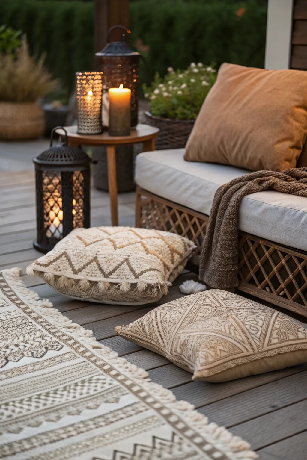 Close-up patio corner with layered rugs