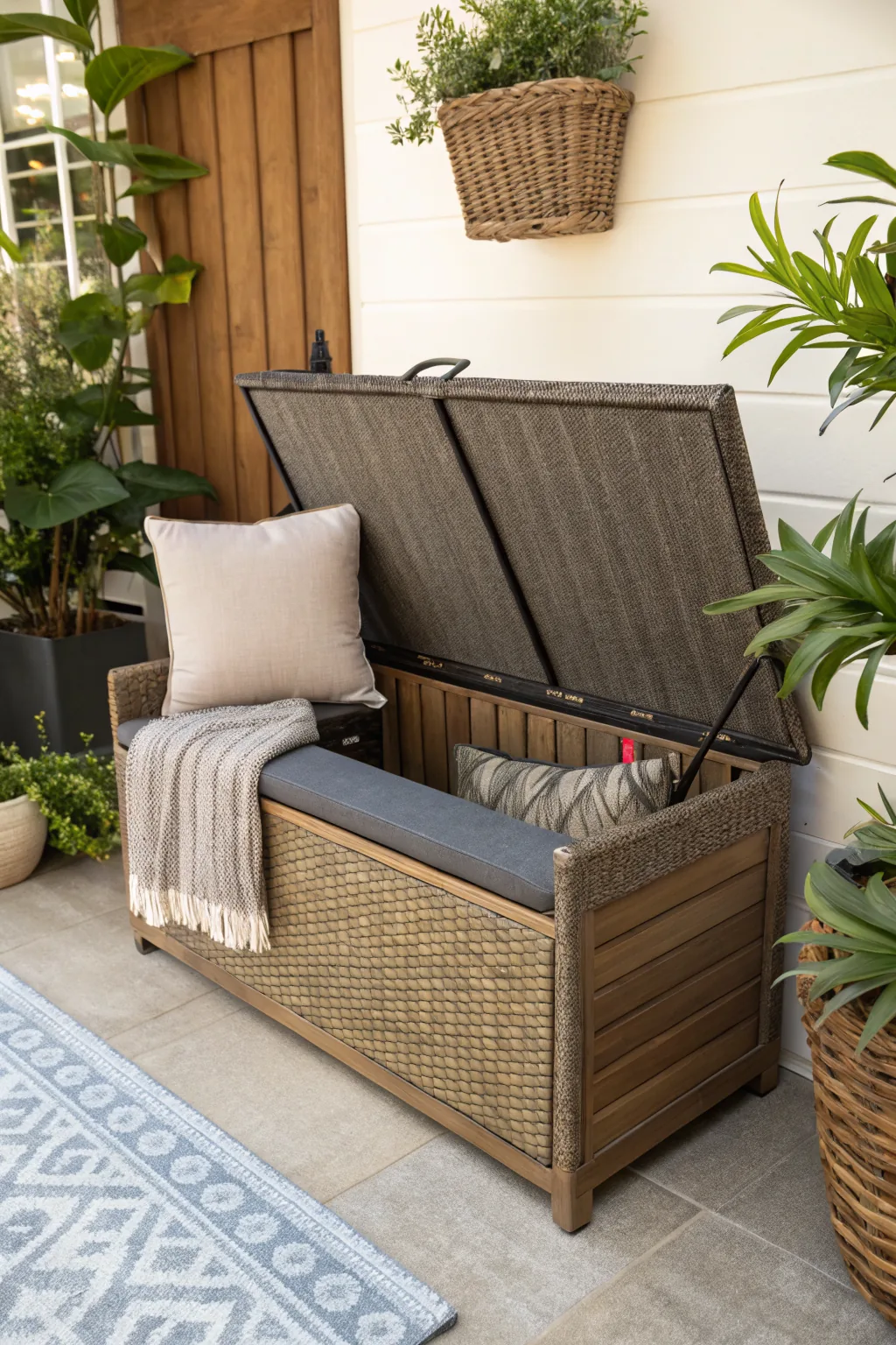 Weatherproof rattan storage bench on patio