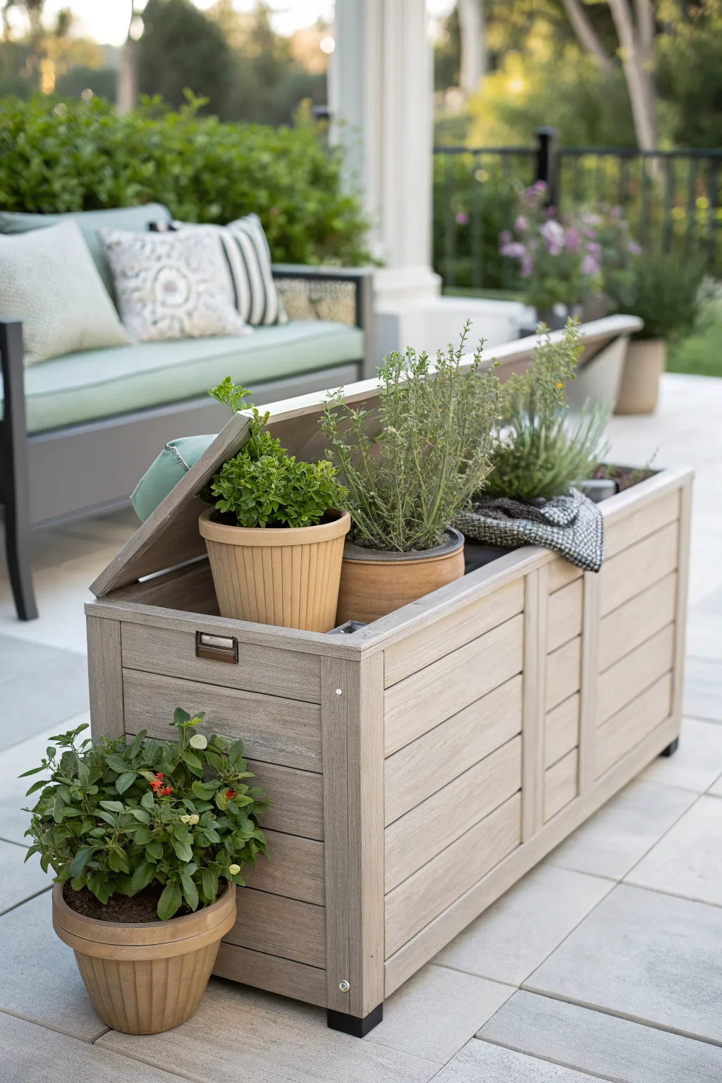 Outdoor storage chest blending with furniture