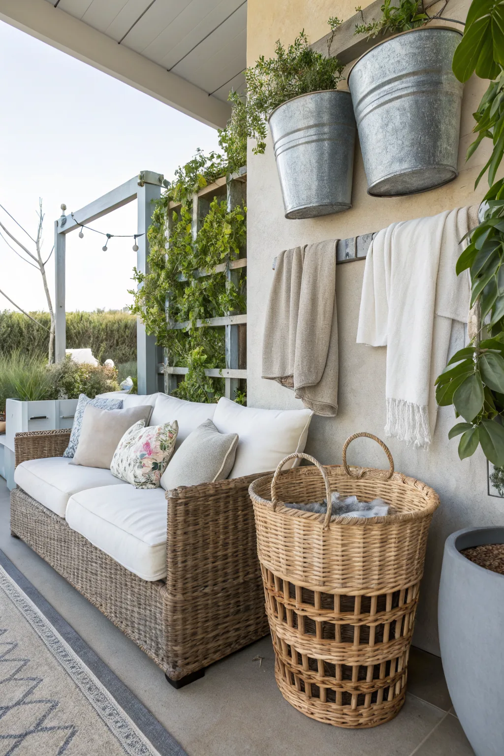 Patio organization with decorative baskets