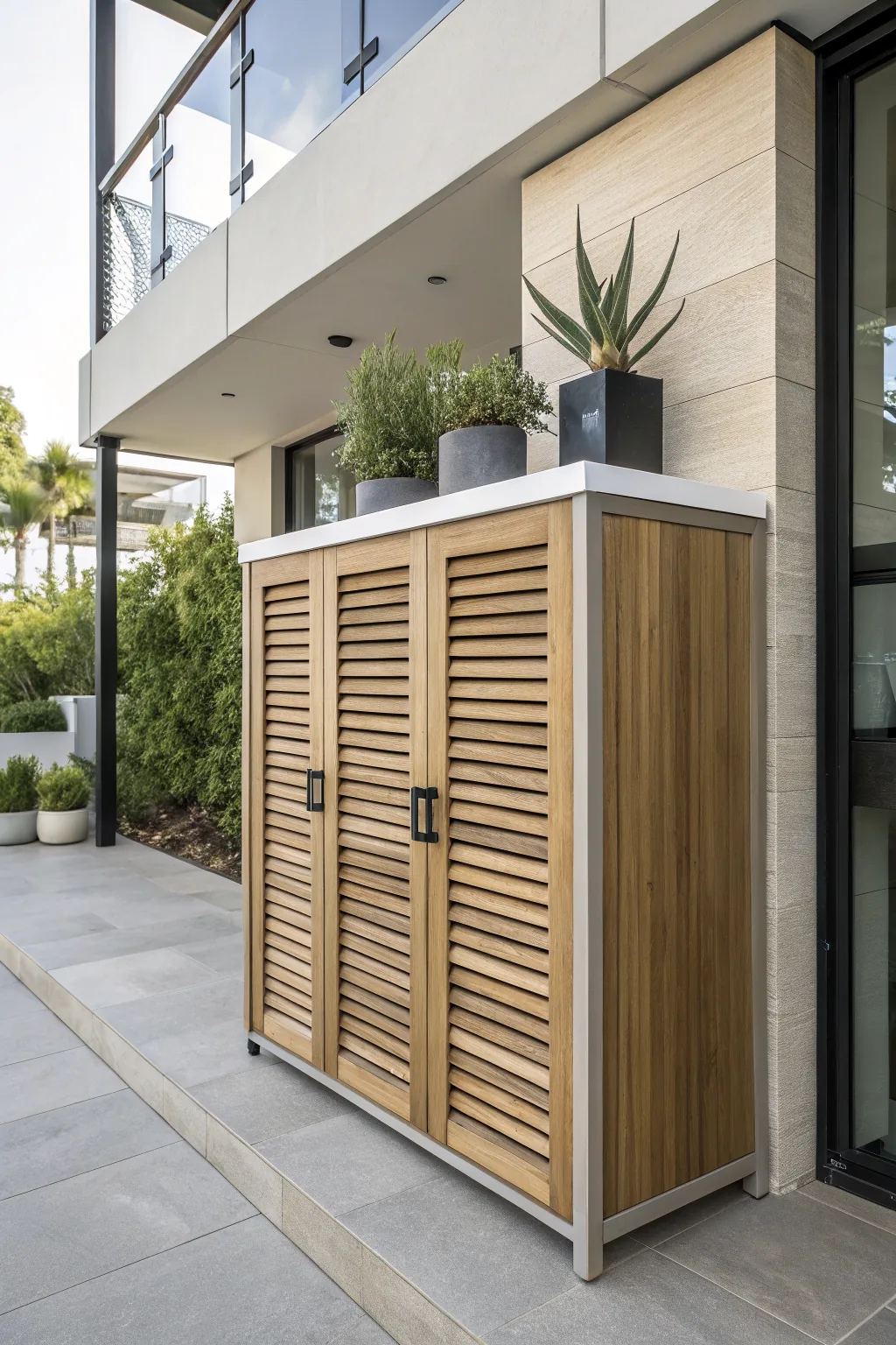 Modern outdoor storage cabinet with plants