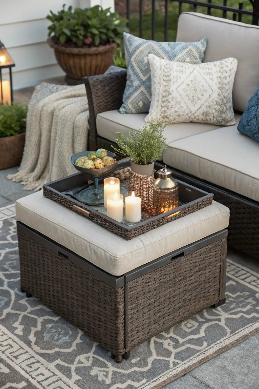 Storage ottoman as coffee table with tray