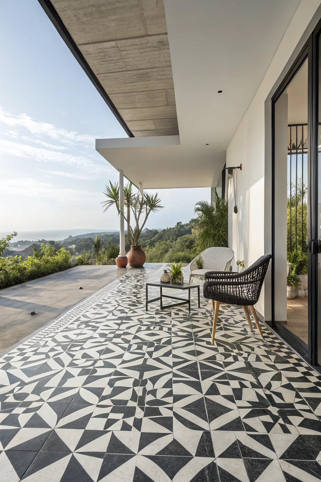 Bold geometric concrete tile patio