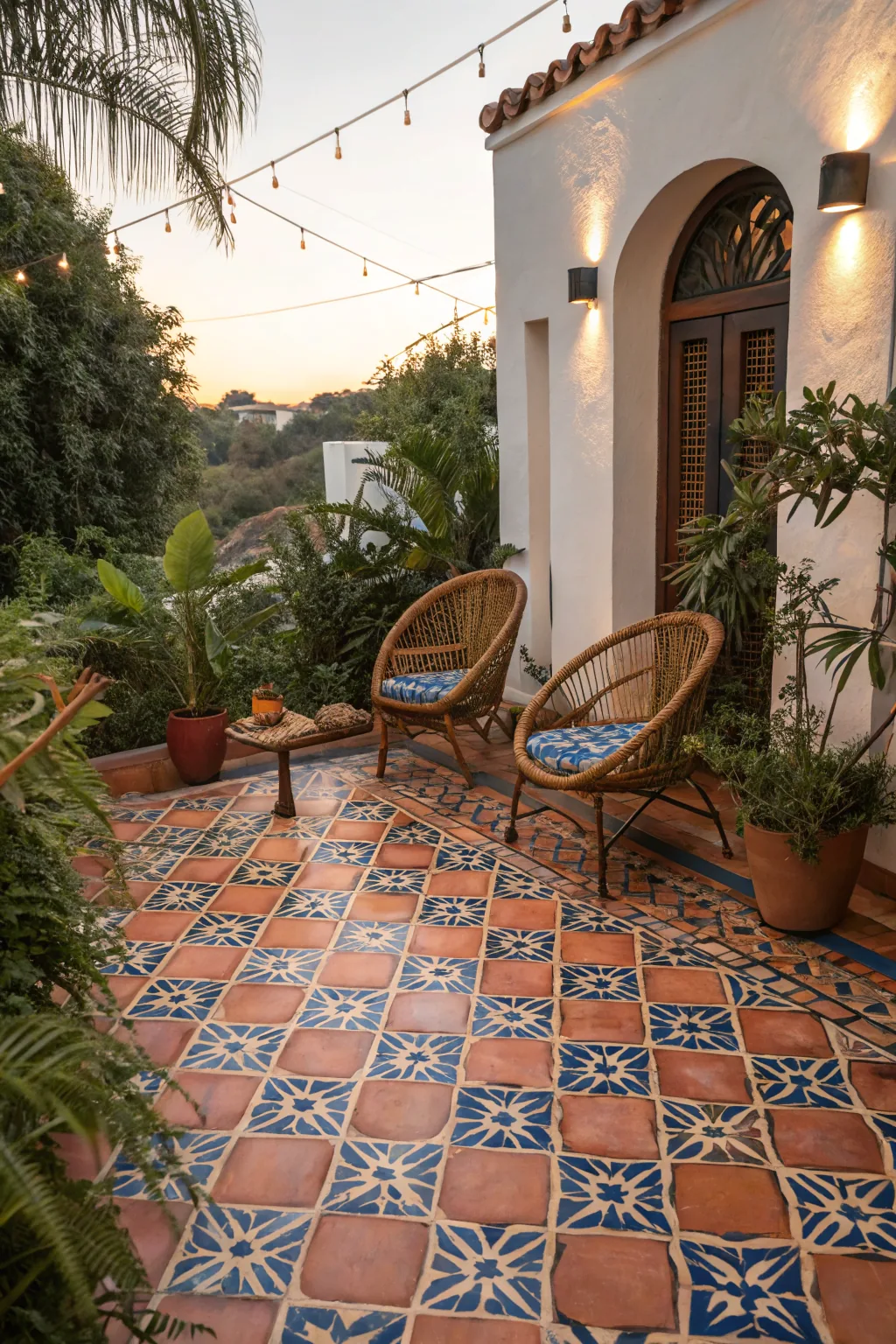 Spanish tile-inspired terracotta patio floor