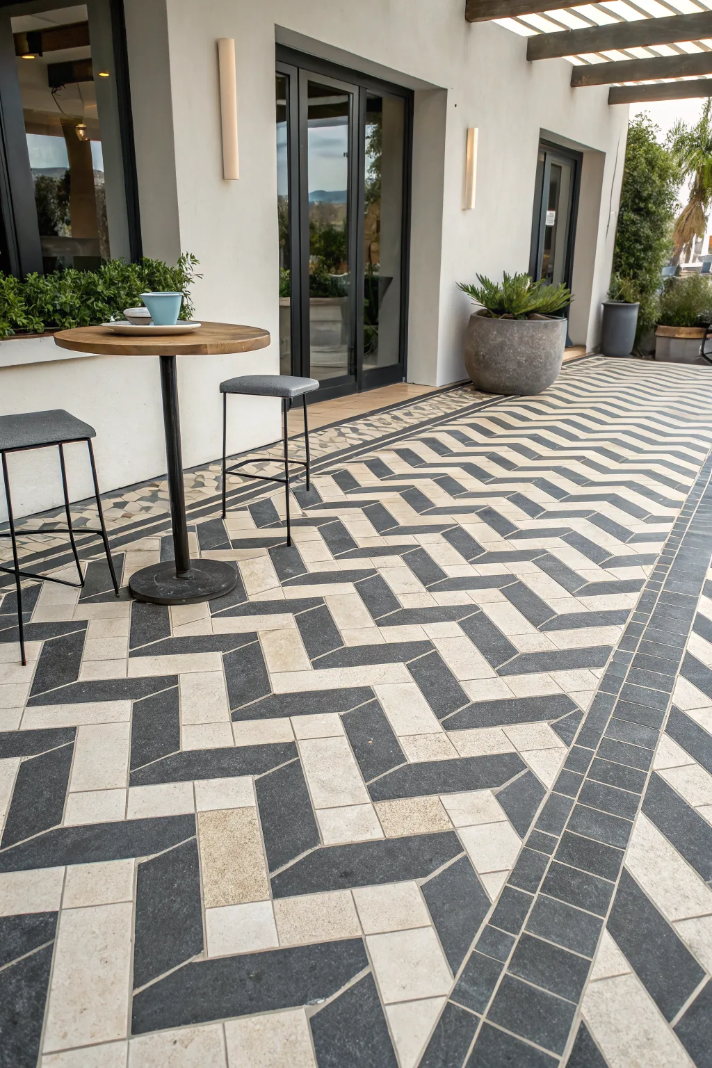 Herringbone cement tiles on outdoor terrace