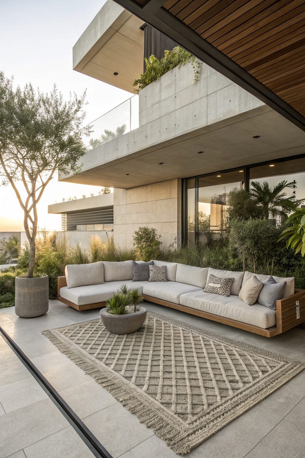 Modern patio seating zone with outdoor rug and sectional sofa