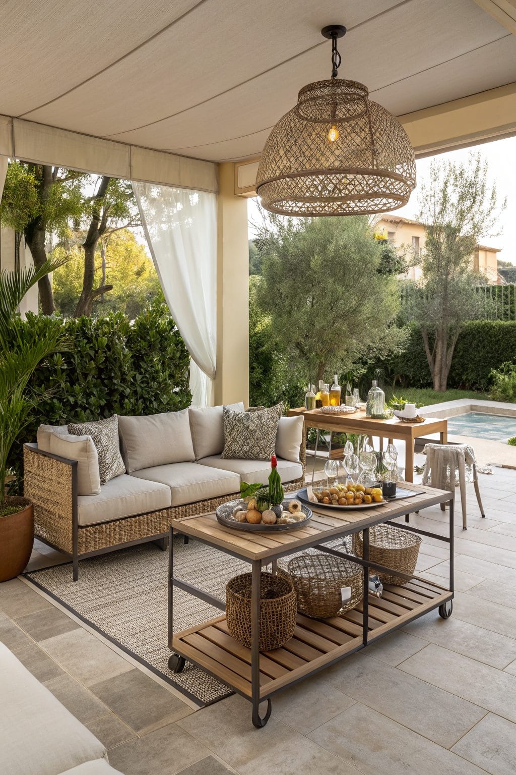 Three-zone patio: lounge, dining and bar area