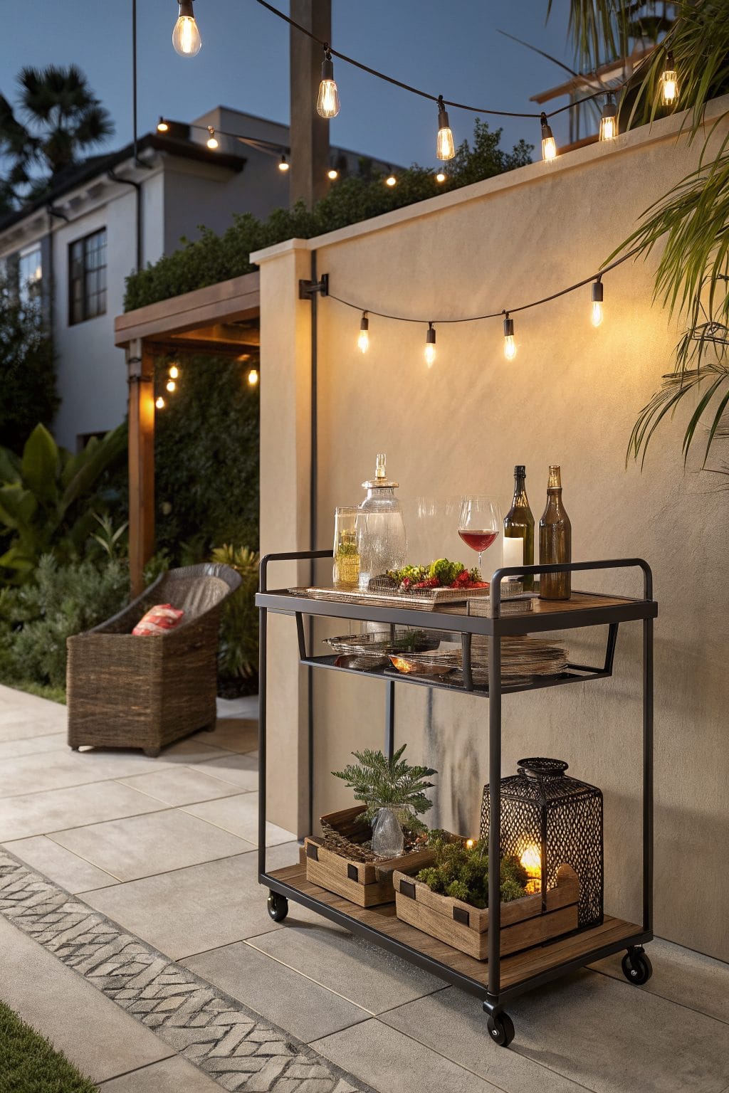 Outdoor bar cart station on stylish patio