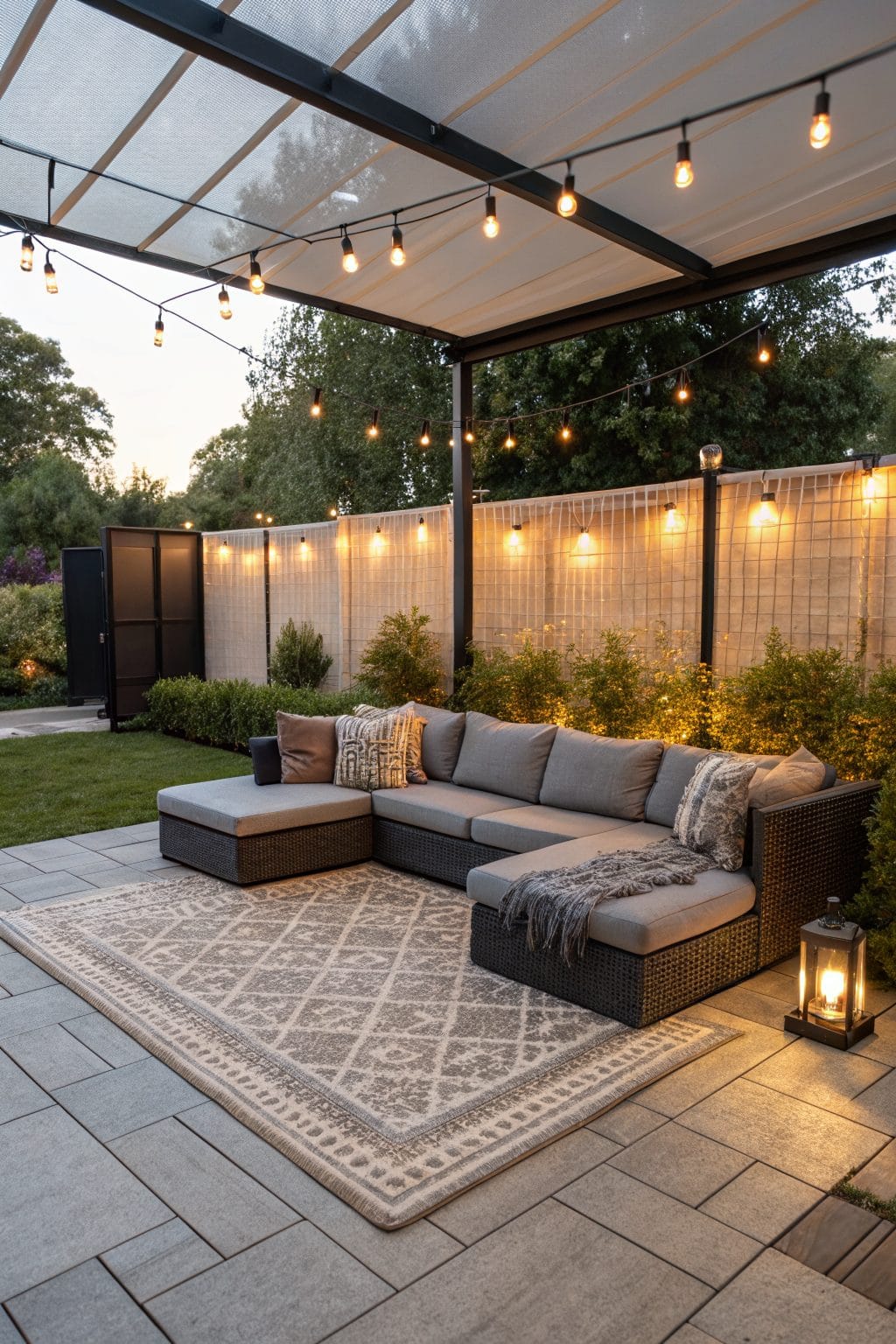 Defined seating area with string lights and privacy screen