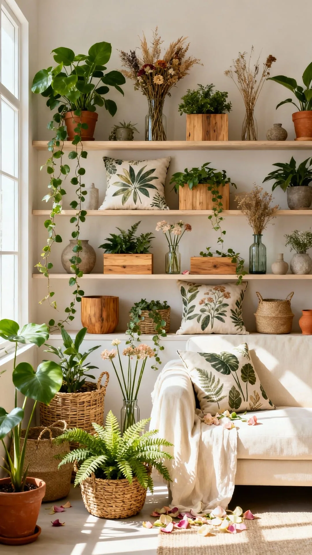 A room layered in forest, leaf and sage greens across plants and textiles