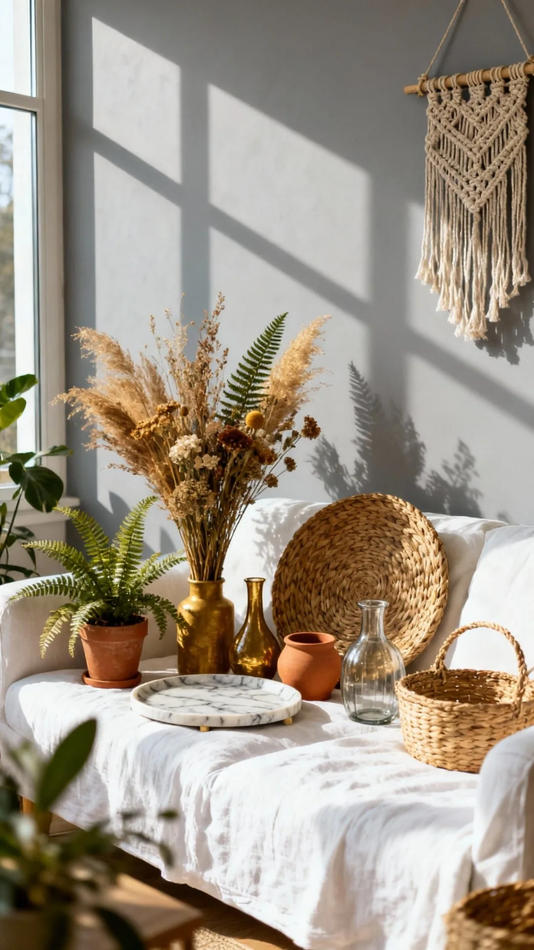 A eucalyptus garland and bud vases styled along a fireplace mantel