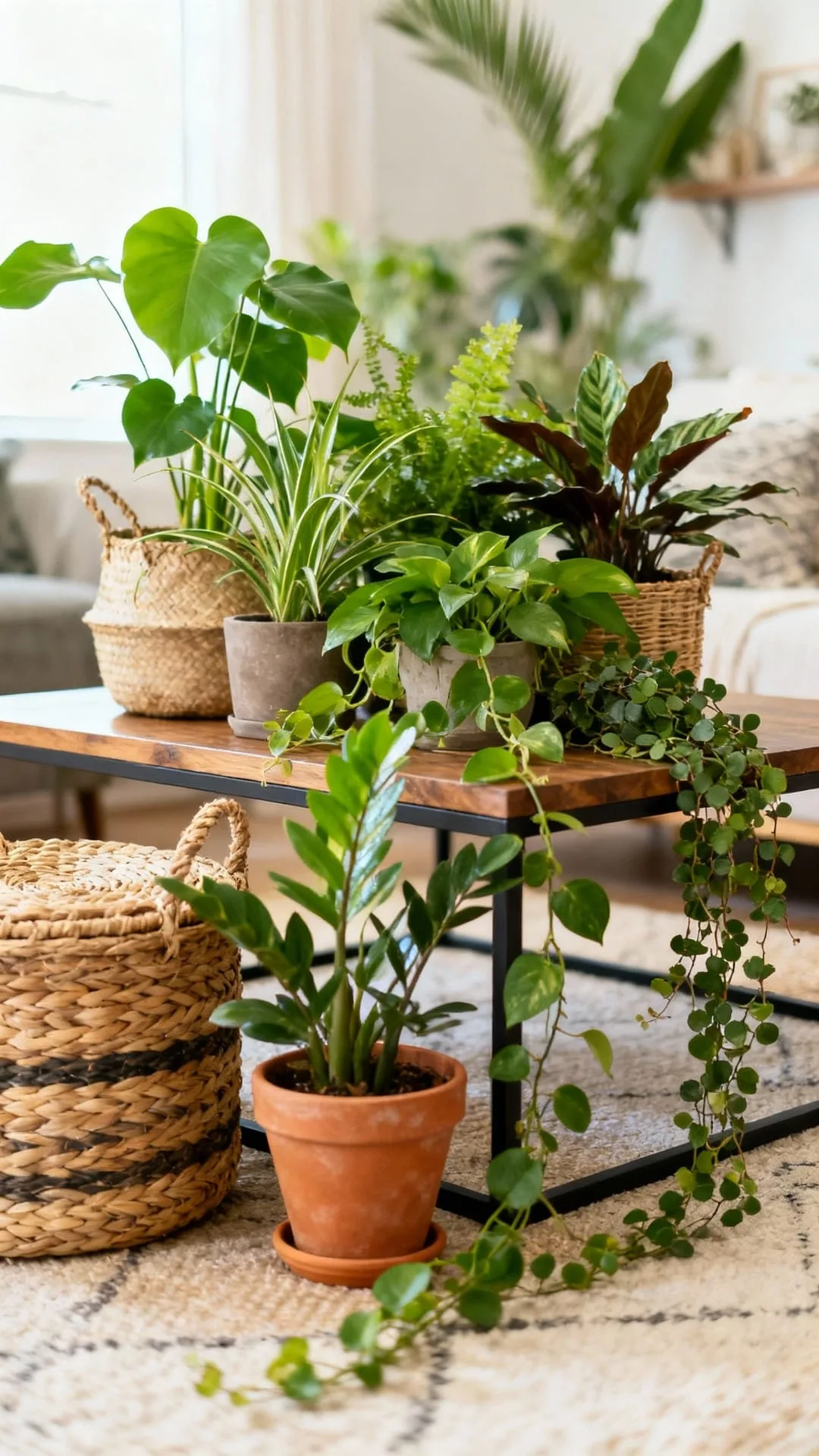 A tray of small varied plants styled as a coffee table centerpiece