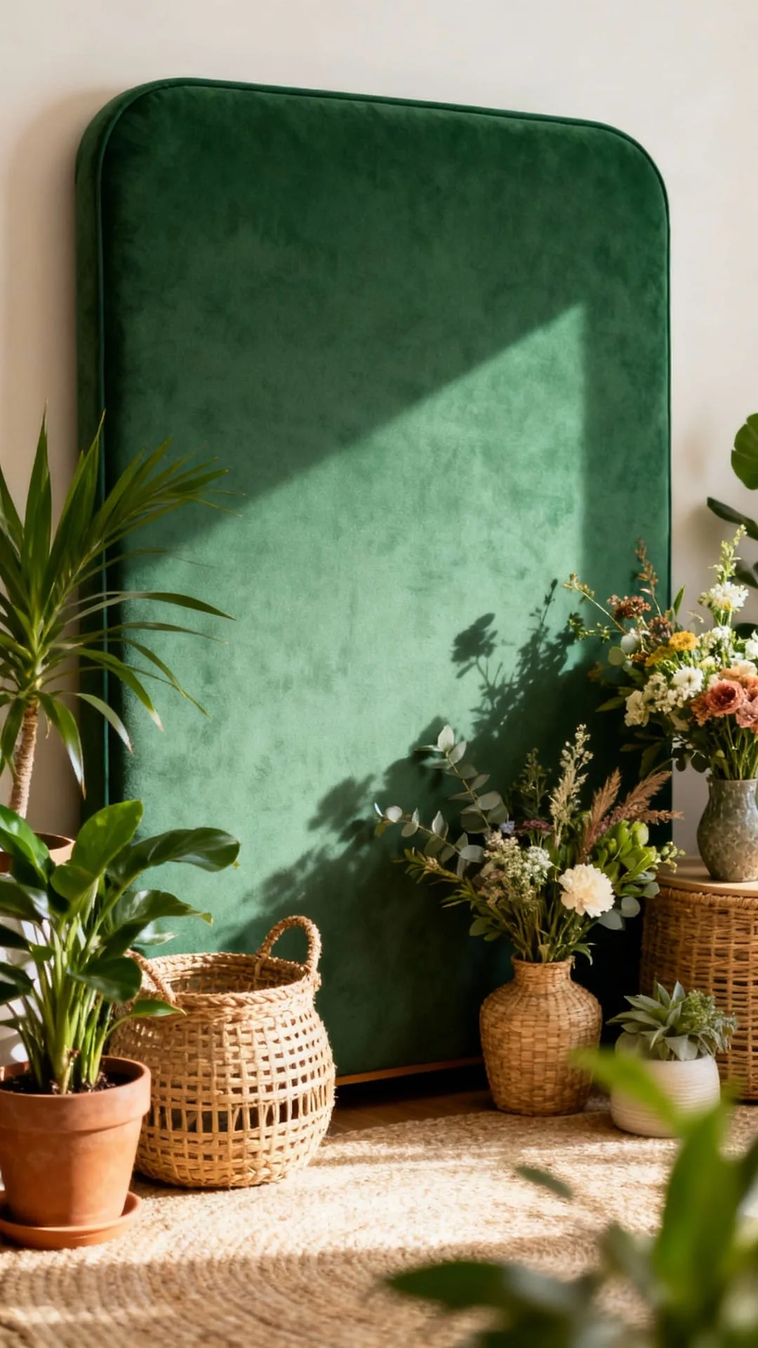 Two medium plants framing a bed on either side of the headboard