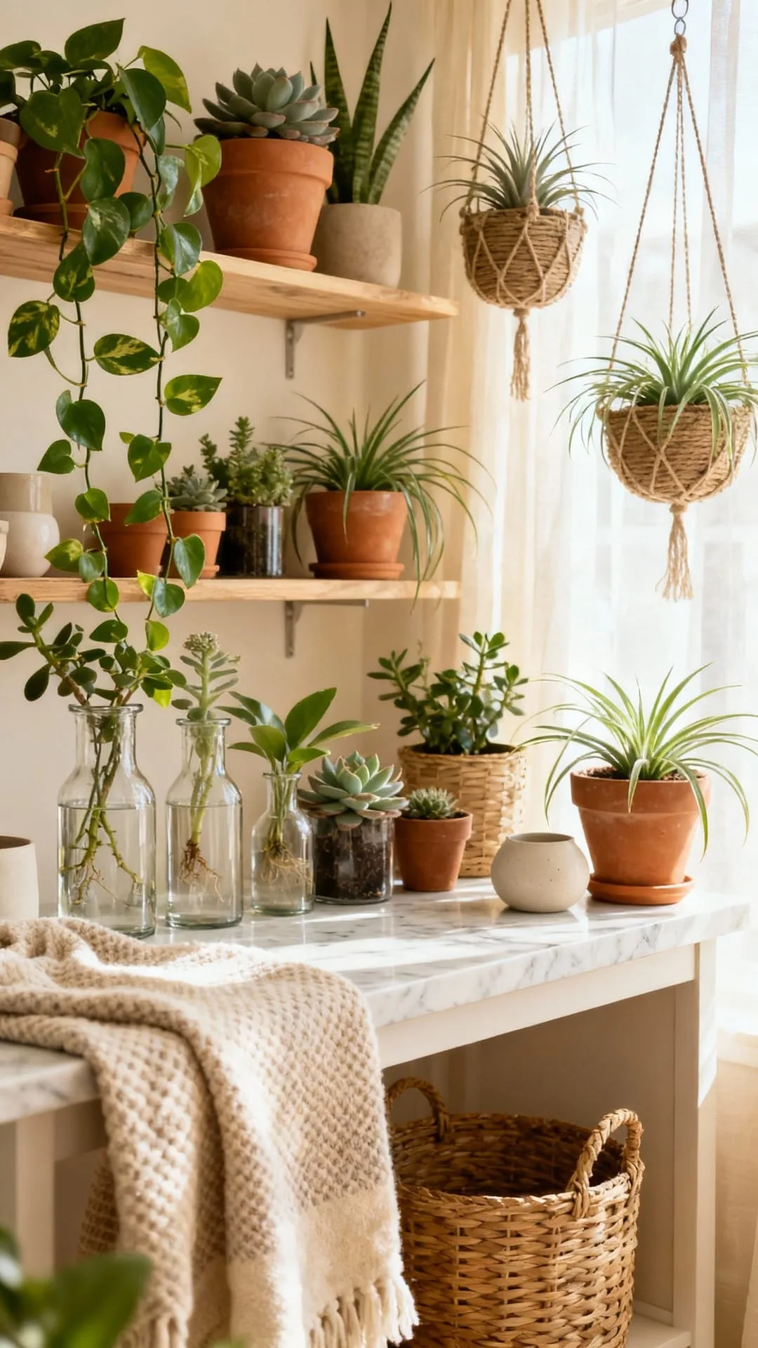 Glass tubes holding plant cuttings rooting in water on a shelf