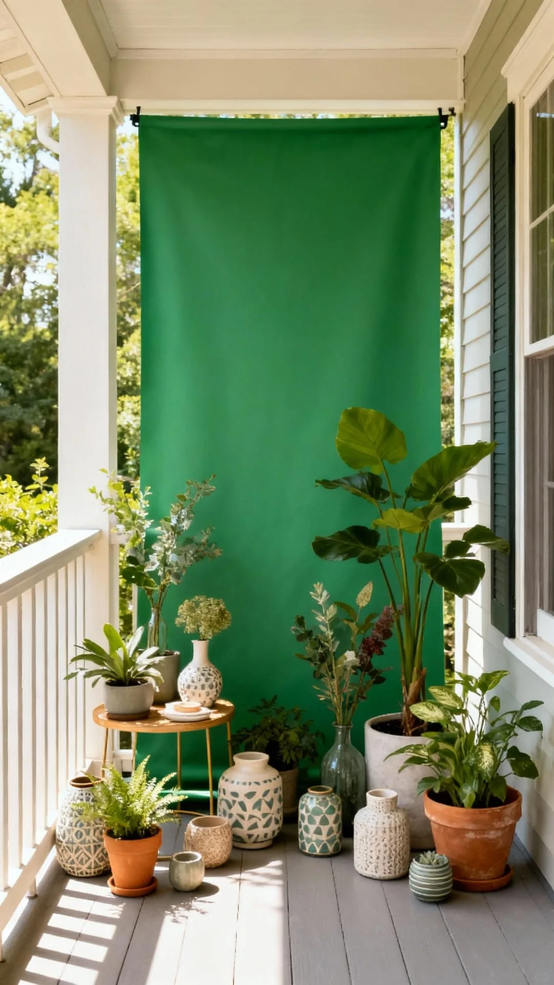 Climbing jasmine and ivy forming a leafy privacy screen on a balcony