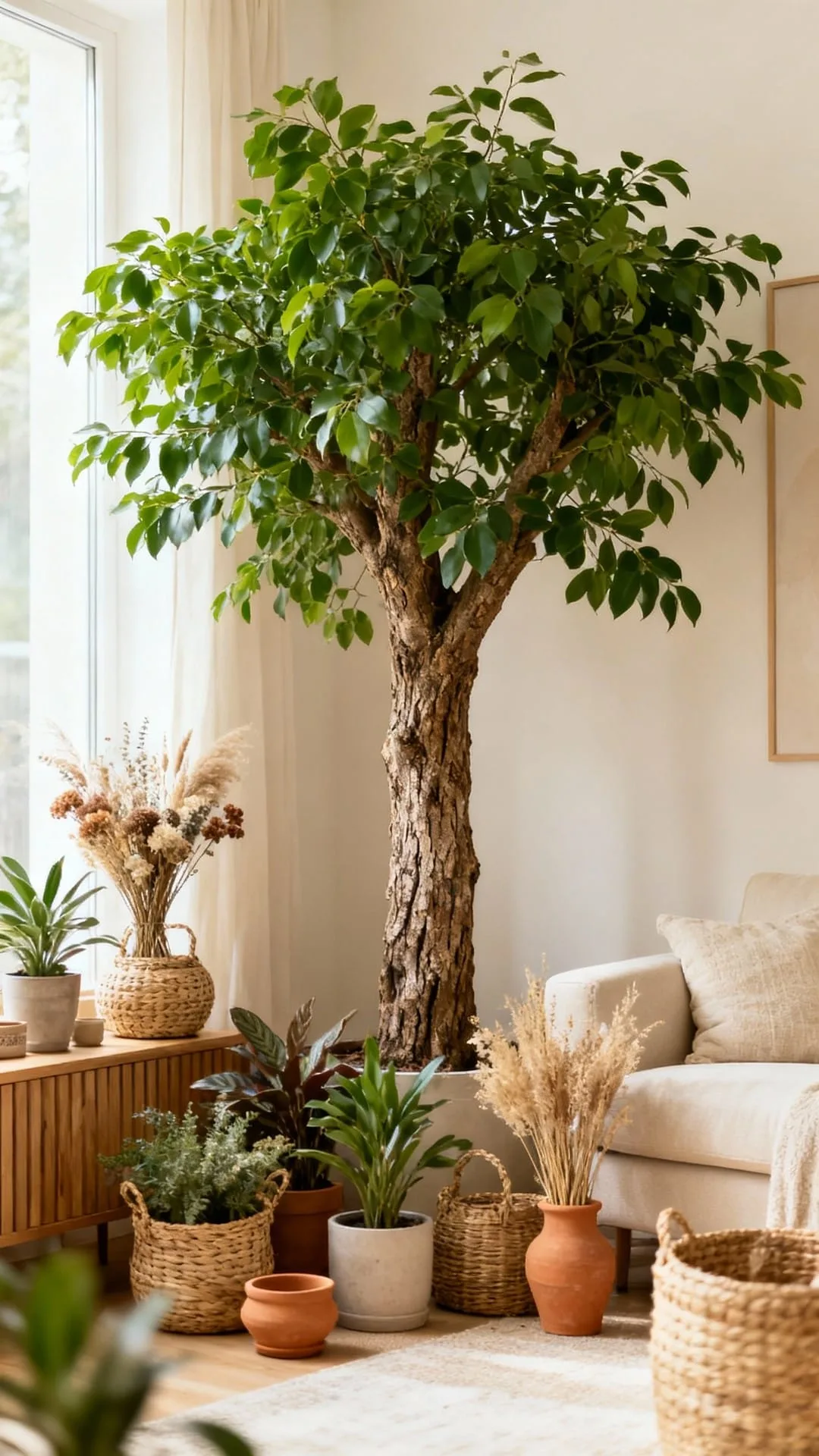 A tall fiddle-leaf fig anchoring a bright living room corner