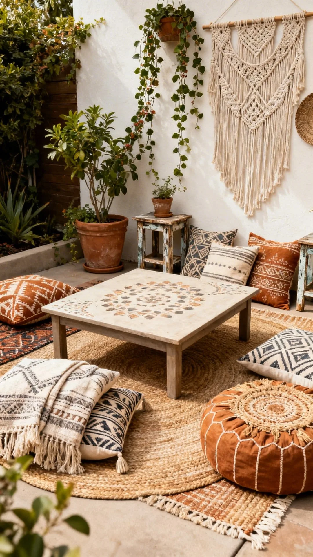 boho patio low coffee table with carved wood and rattan styling