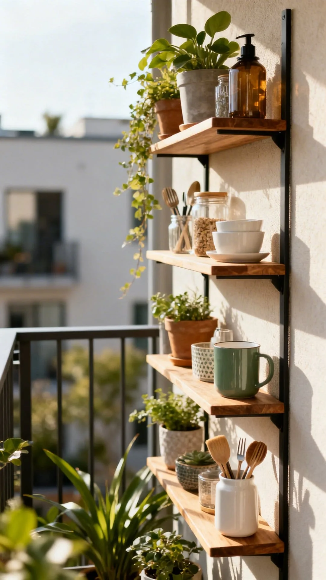 narrow outdoor shelf for essentials on small apartment patio
