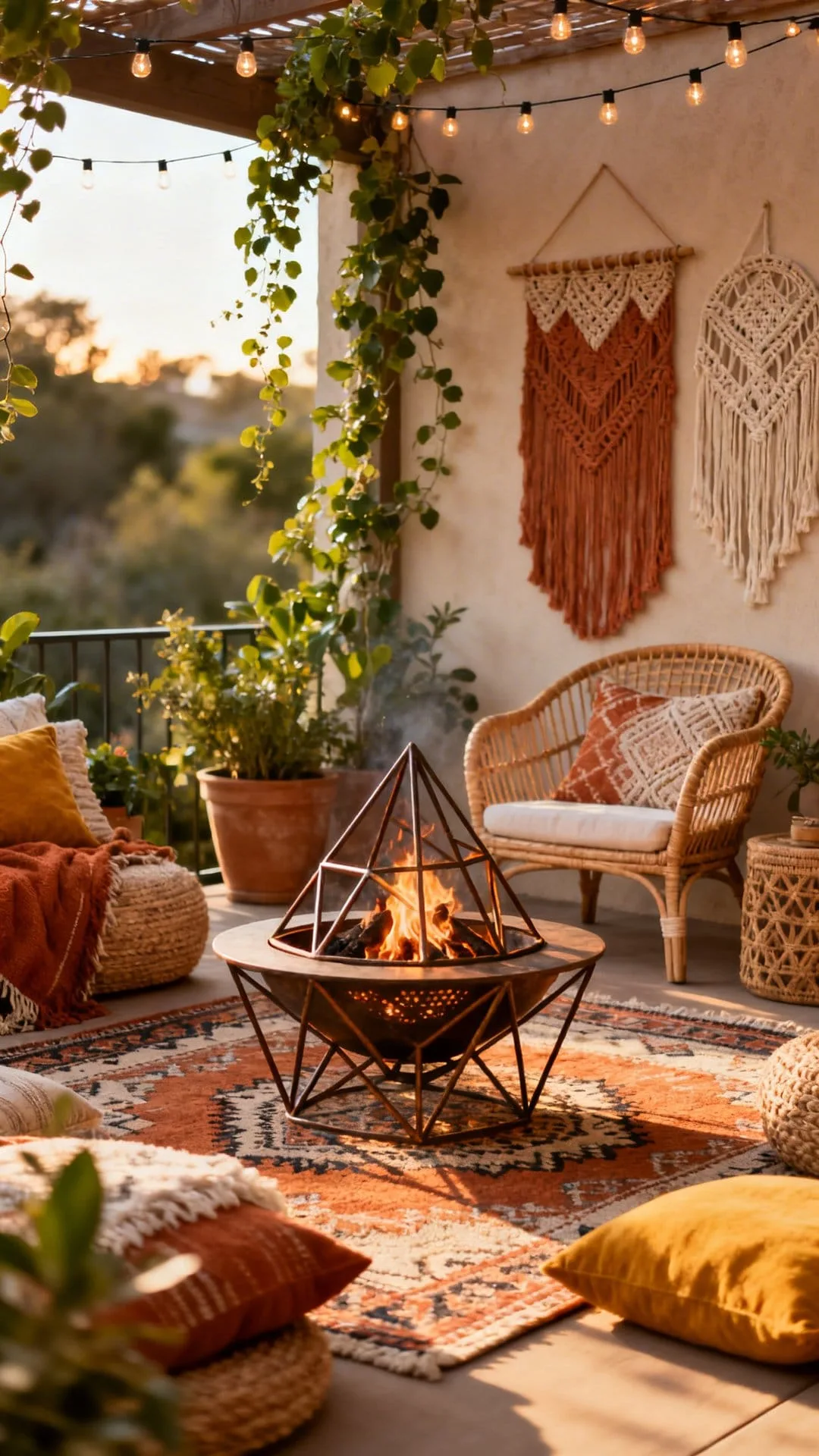 sculptural fire pit as centerpiece in boho patio outdoor seating area