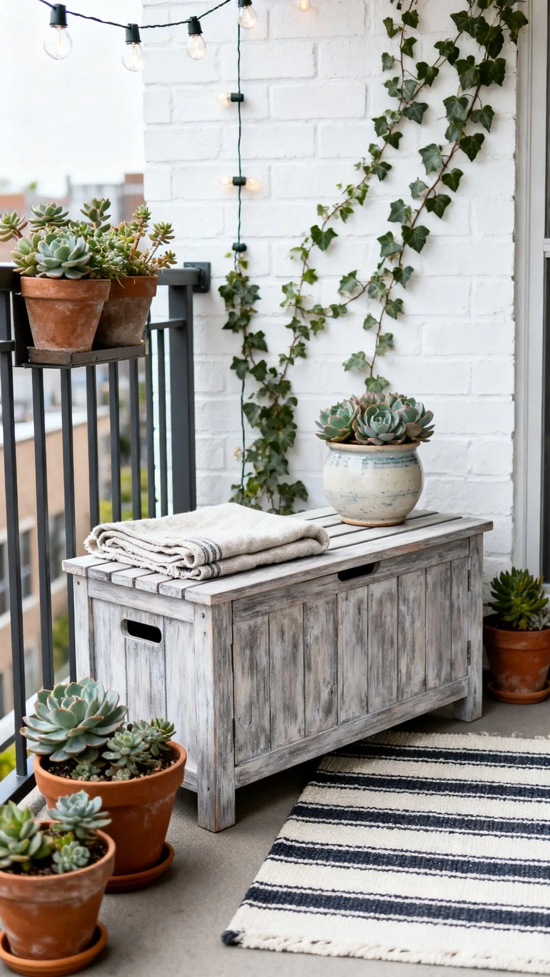 small outdoor storage bench on budget apartment patio