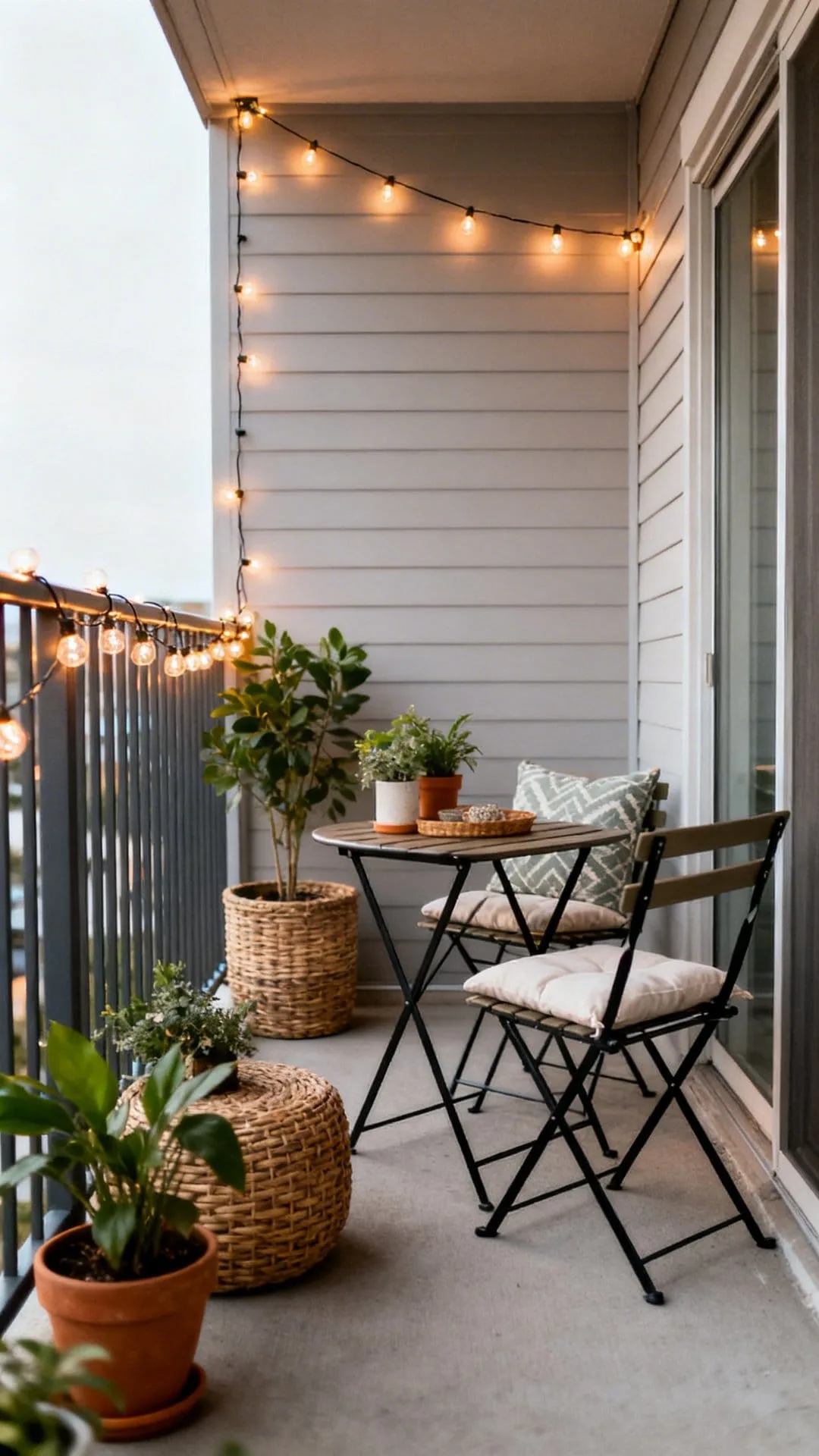 string lights creating cozy ambience on an apartment patio on a budget