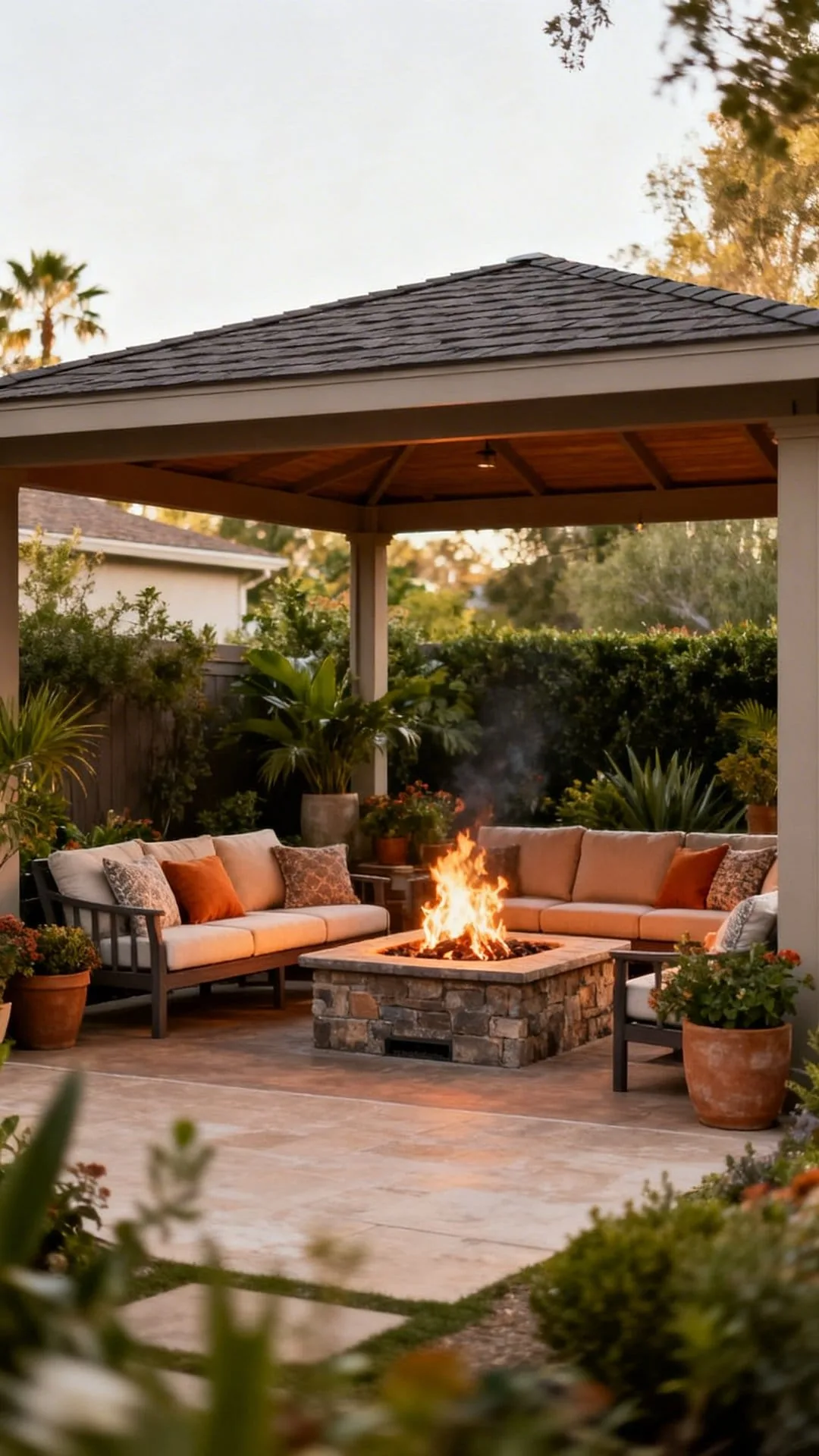 Gas fire pit under a covered pergola patio with proper ventilation clearance and safety setup