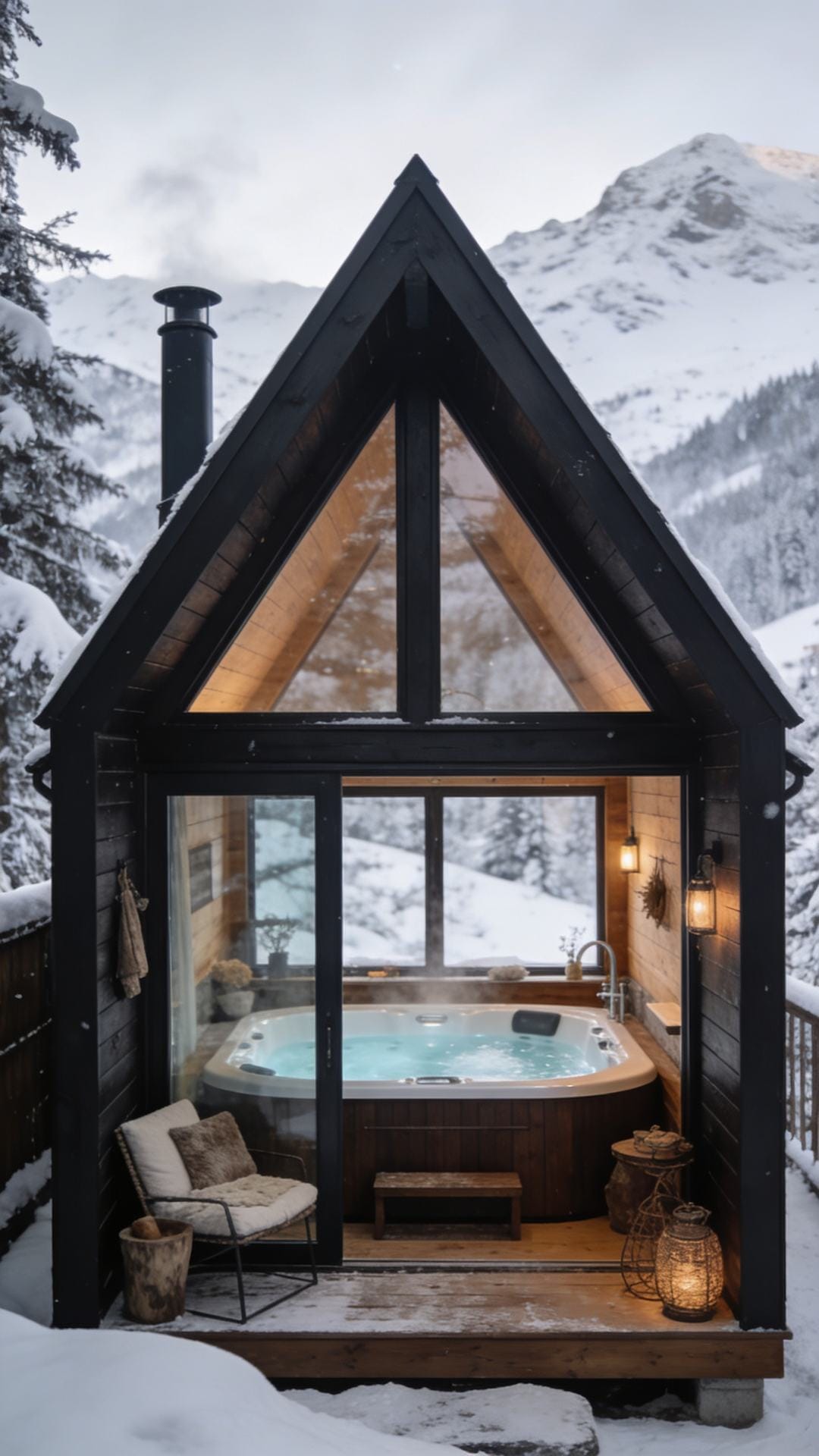 Alpine Micro-Retreat With Dark Wood and Snow Views