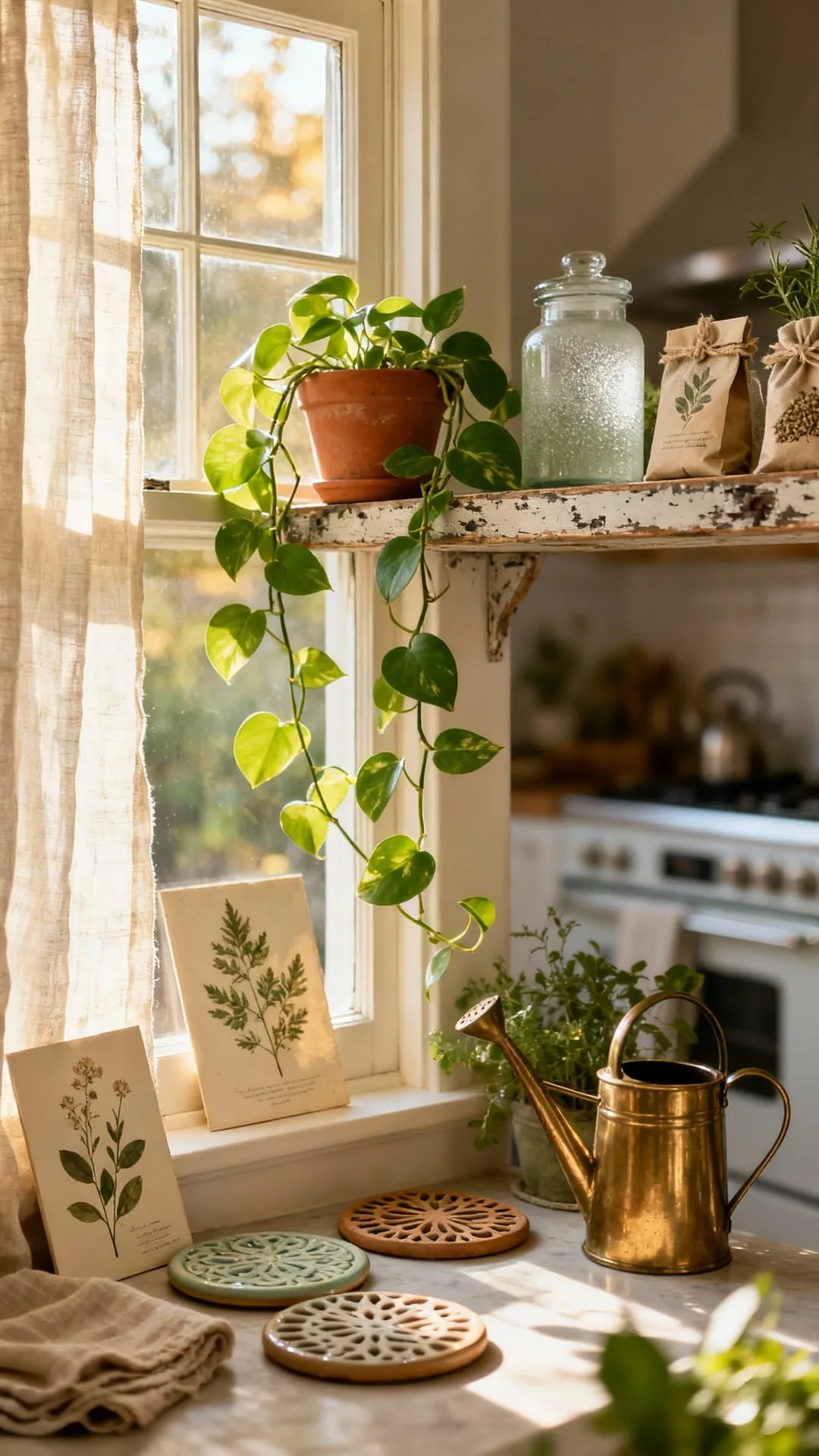 Fresh basil, thyme and mint in small pots on a sunny kitchen window ledge