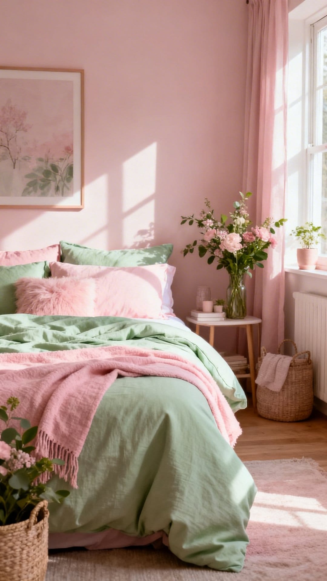 Bedding Swap: Seasonal Pink/Sage Rotation
