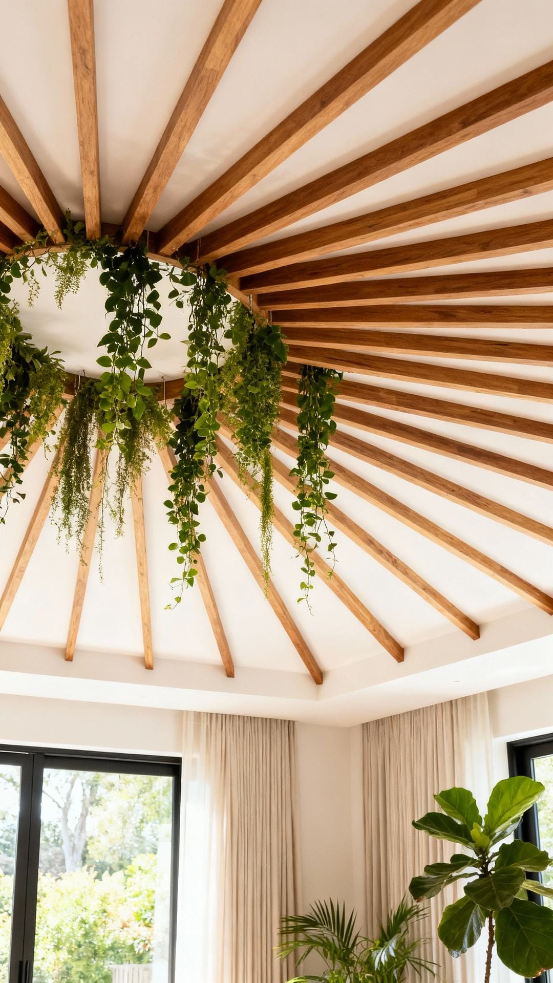 Biophilic Ceiling With Wood Ribs and Hanging Greens