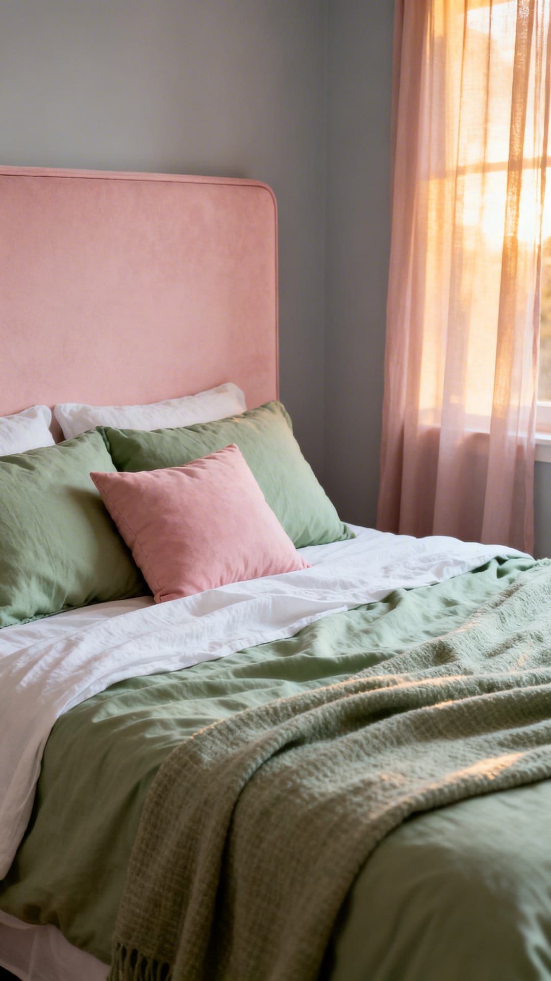 Blush Headboard, Sage Bedding For Instant Balance
