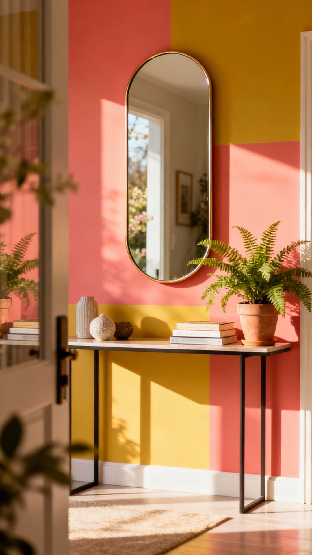 Bold Color-Block Entry With Pill-Shaped Mirror