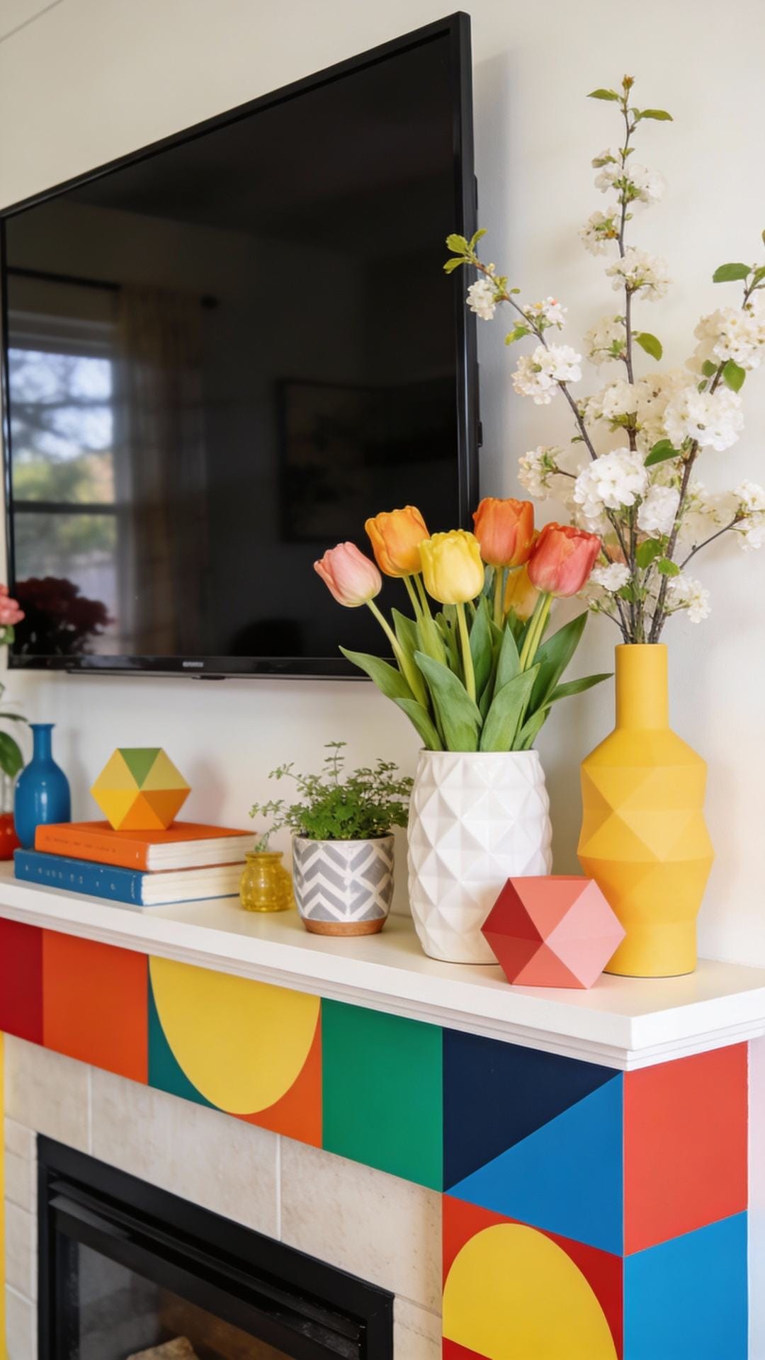 Bold Color-Blocked Mantel With Graphic Shapes