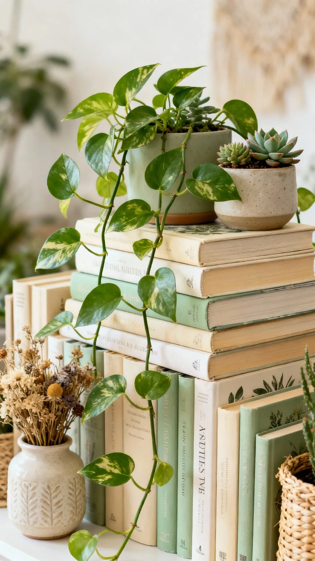 A small jade plant resting on a stack of coffee table books