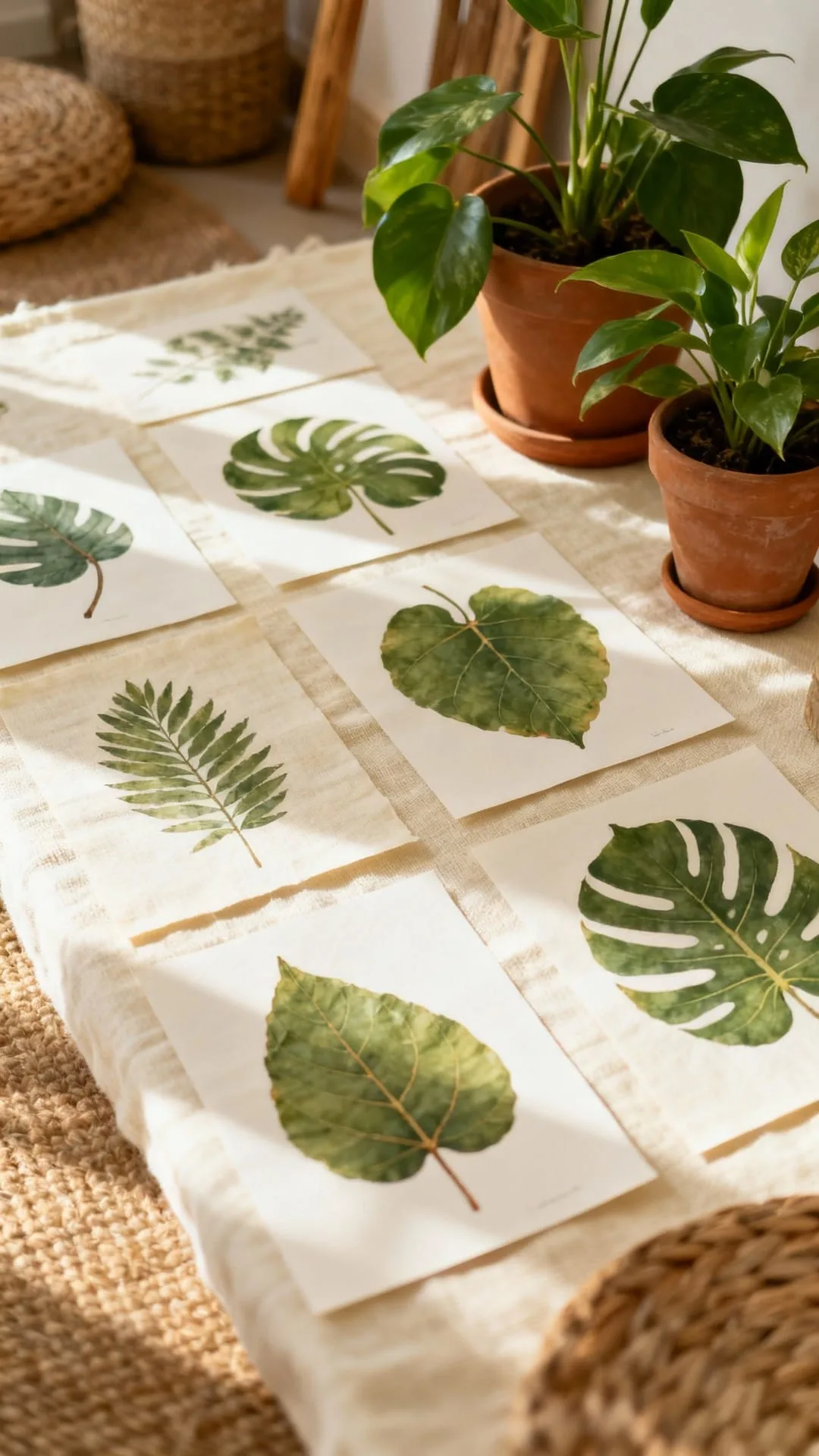 Framed botanical leaf prints arranged on a wall beside real ferns