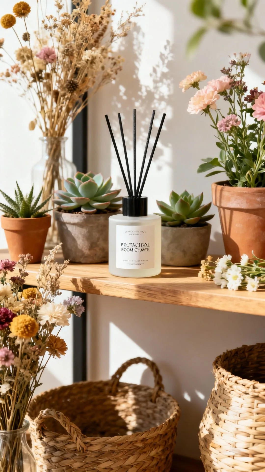 A wooden essential oil diffuser releasing soft mist near houseplants