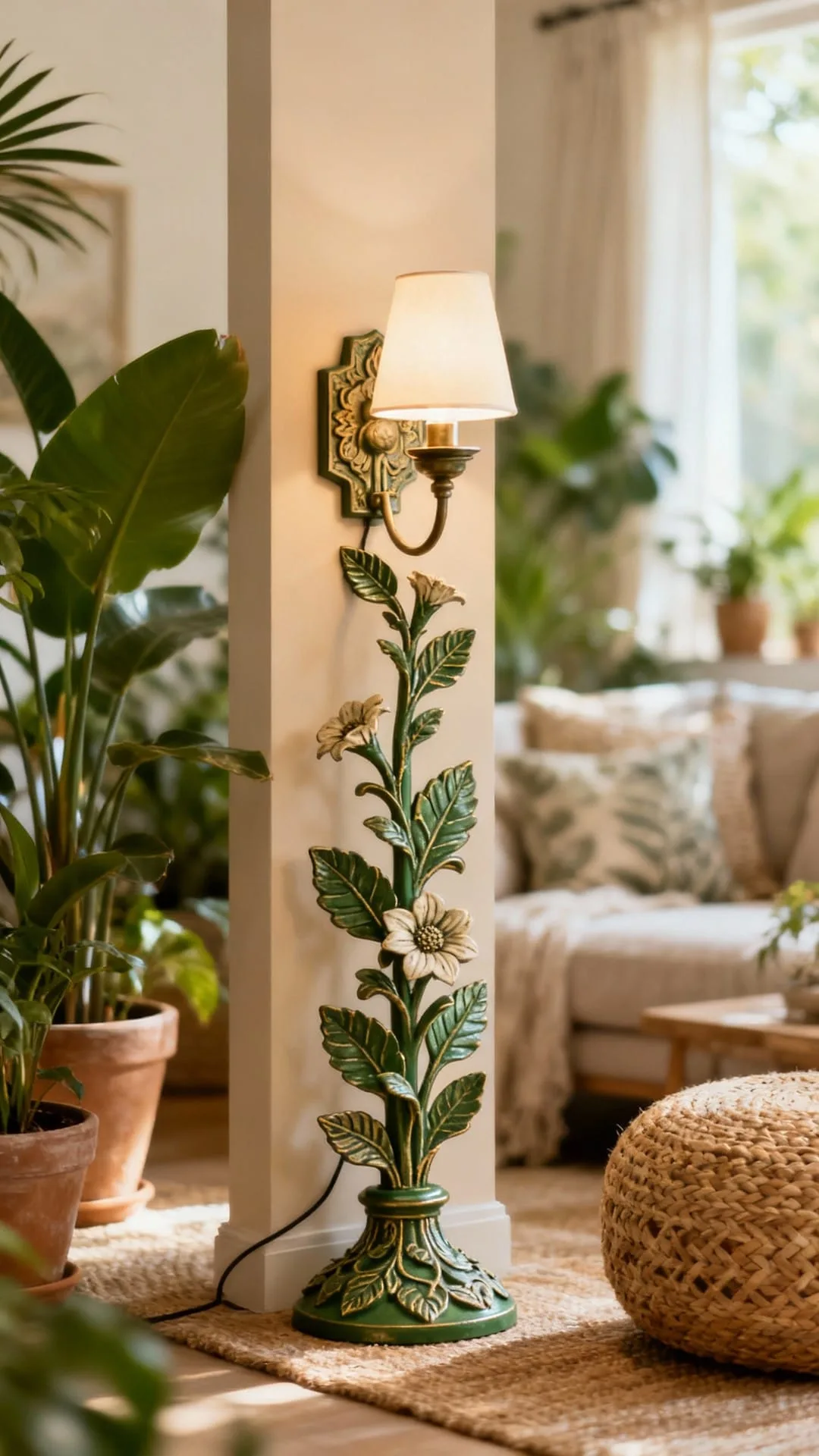 A ceramic lamp base with a subtle leaf relief glowing in warm light