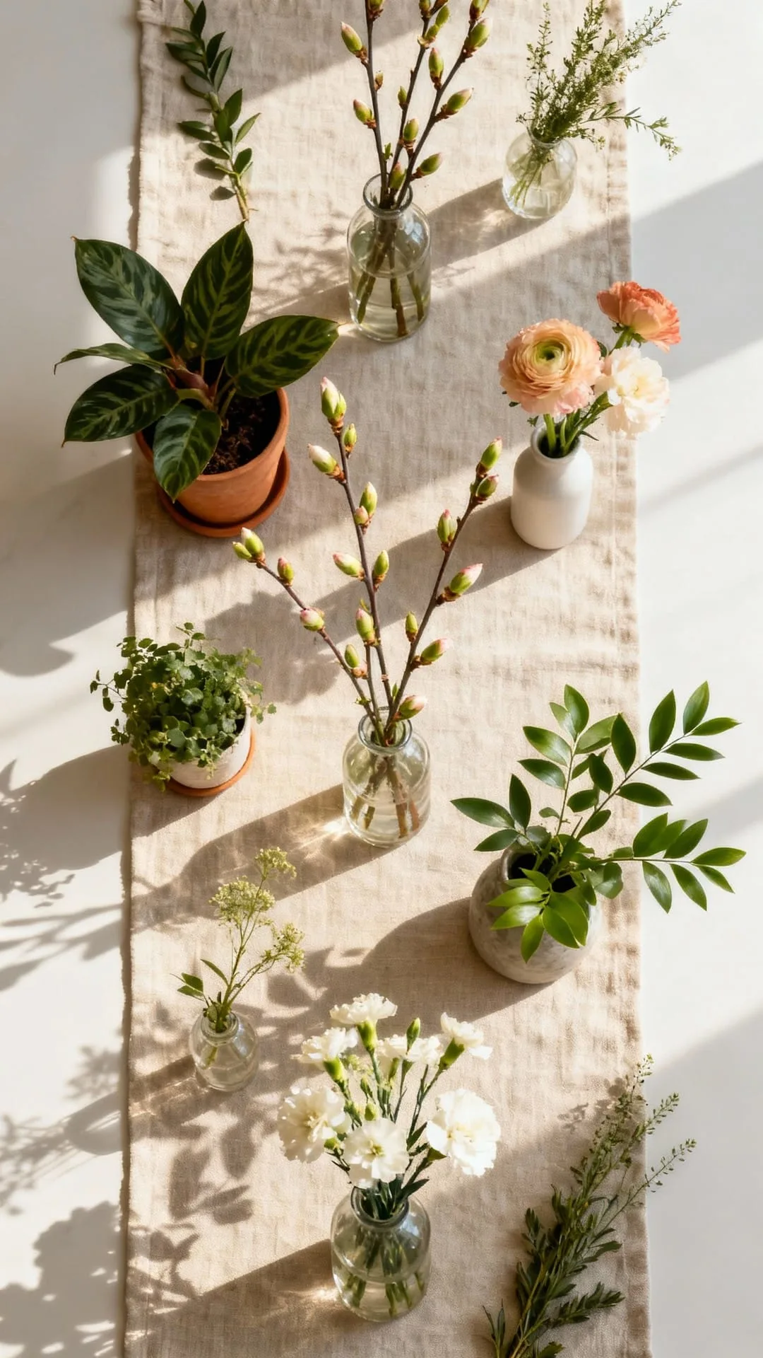A neutral table runner lined with small bud vases of fresh stems