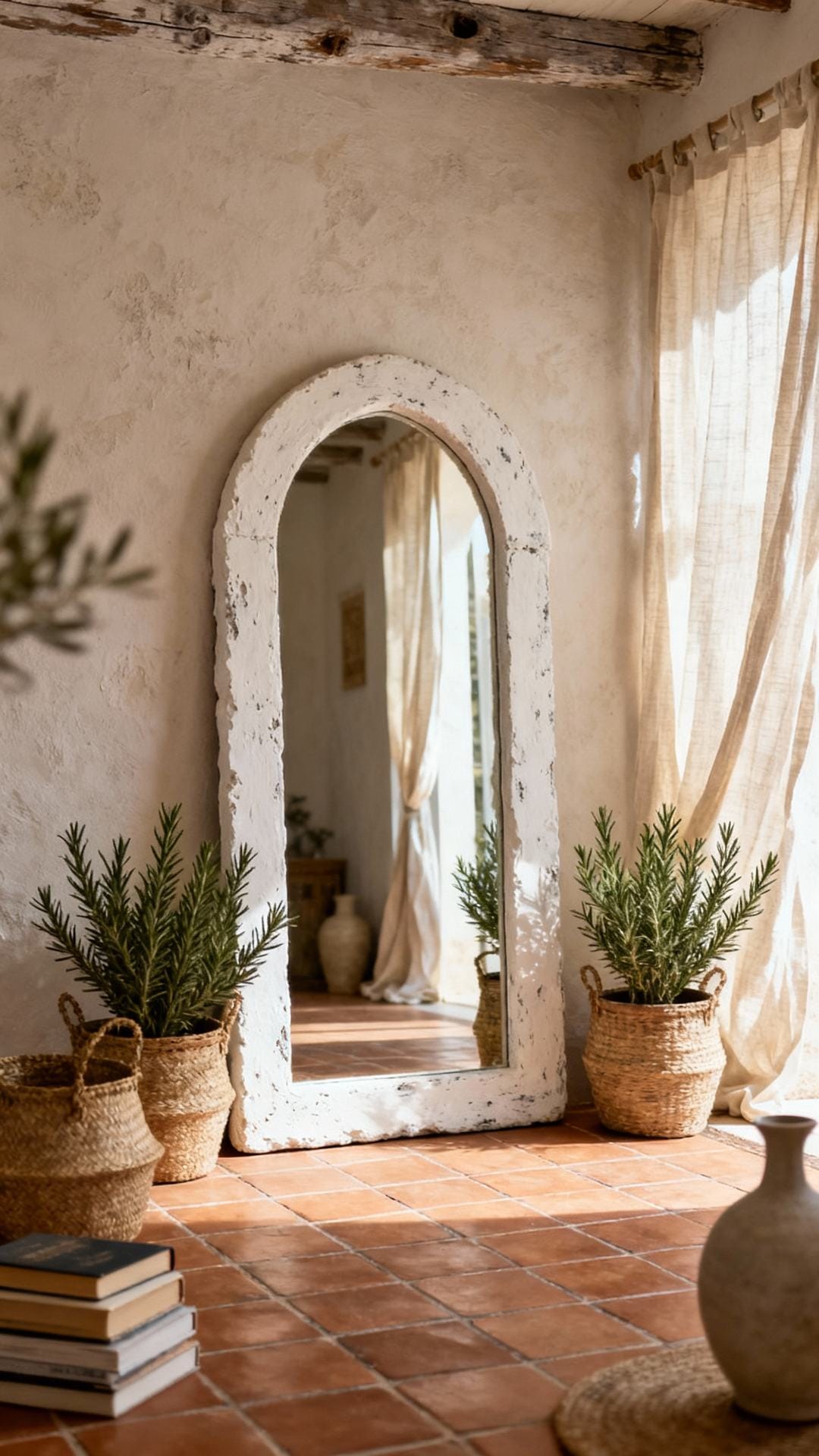 Breezy Mediterranean With Arched Plaster Mirror