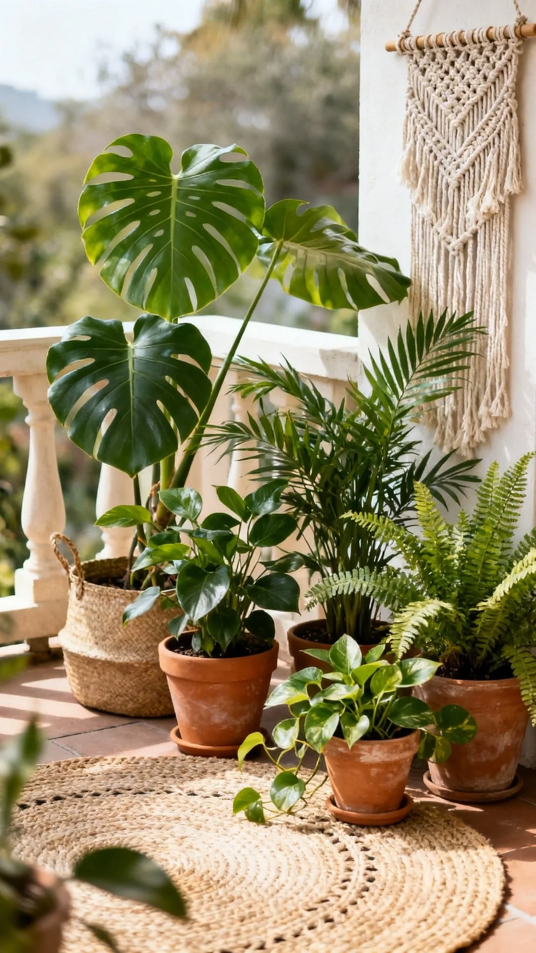 boho patio with lush tropical plants bird of paradise and trailing greenery